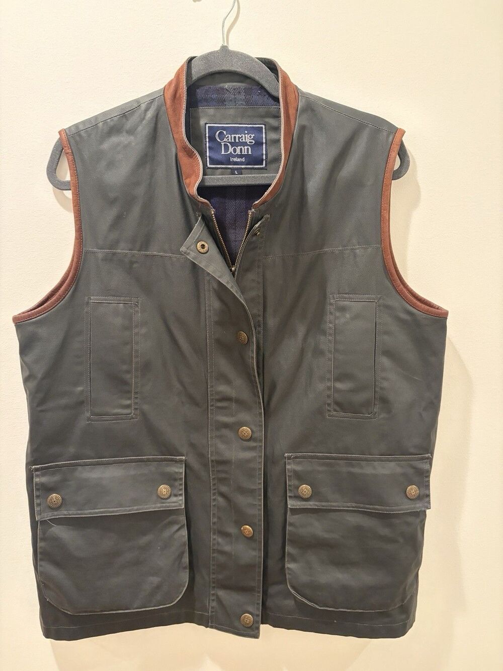 Carraig Donn Irish Vest Mens L Gray Green Waxed Cotton Fishermen Pockets READ